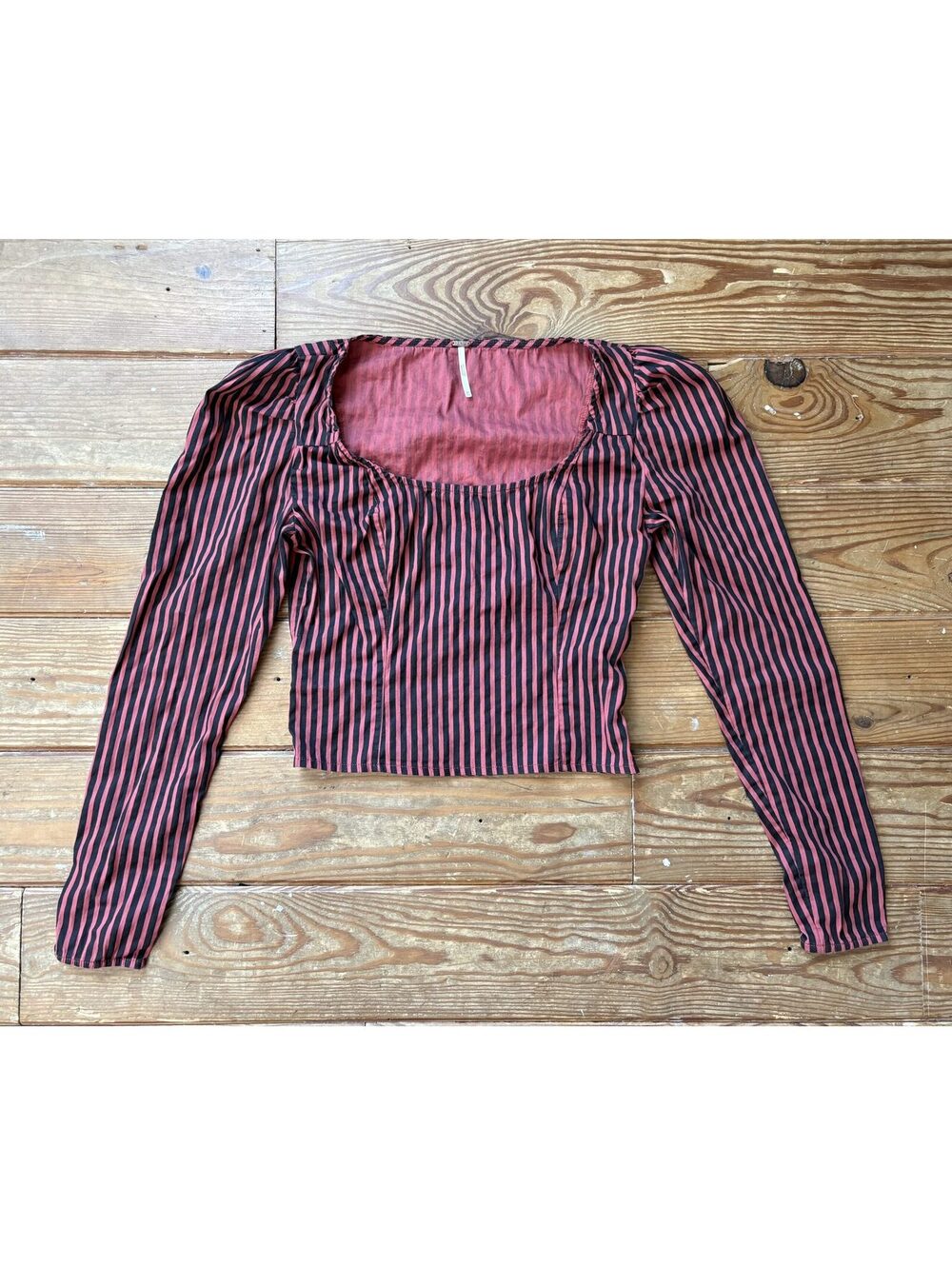 Free People XS Red Black Striped Puff Sleeve Square Neck Crop Top